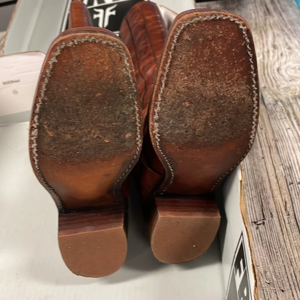 Frye Brown Leather Harness Knee-High Heeled Boots - Picture 8 of 10